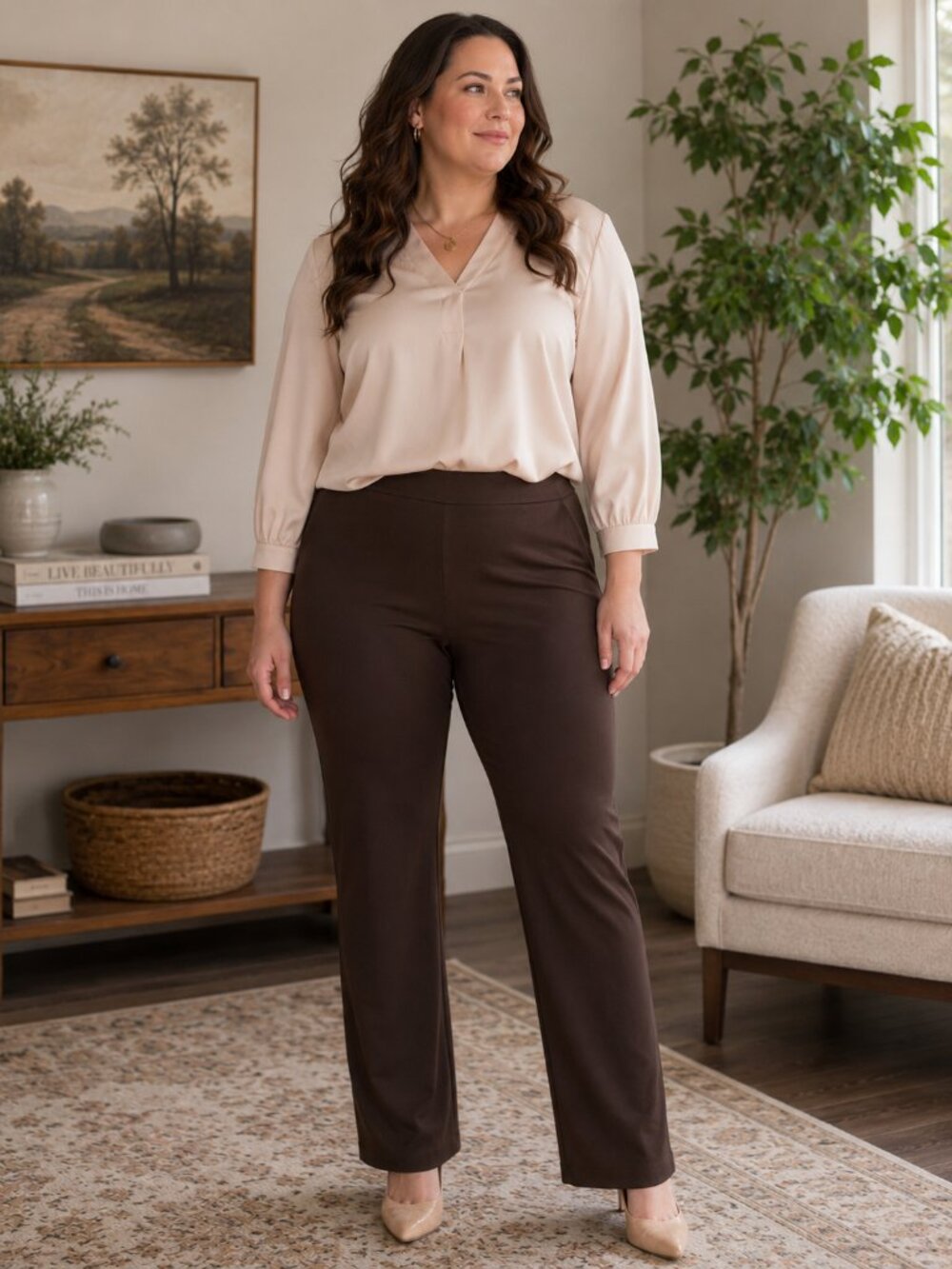 Lane Bryant Chocolate Brown Tall Wide Leg Pull-On Career Pants 26/28 Plus Size